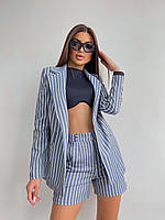 Женский стильный трендовый  костюм-двойка  (пиджак + шорты)  в полоску ткань лен-стрейч