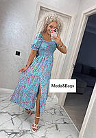 Модное женское однотонное летнее платье сарафан с разрезом оверсайз р.42/48 голубой