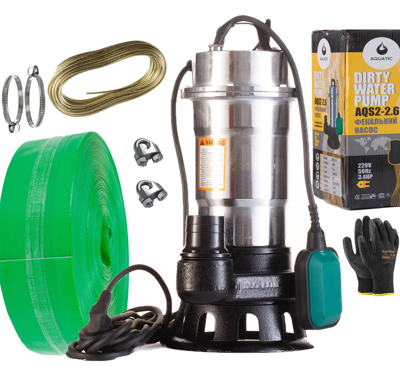 ФЕКАЛЬНЫЙ НАСОС AQUATIC AQS2-2.6 корпус нержавейка с измельчителем + шланг 10м, фото 1