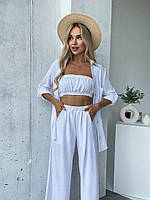 Костюм тройка с рубашкой, штанами и топом из легкой дышащей ткани Белый, XL-XXL