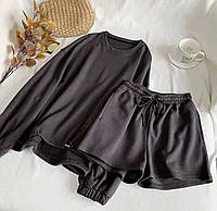 Женский стильный костюм двойка худи+шорты ткань: двунитка люкс Мод. 585 черный