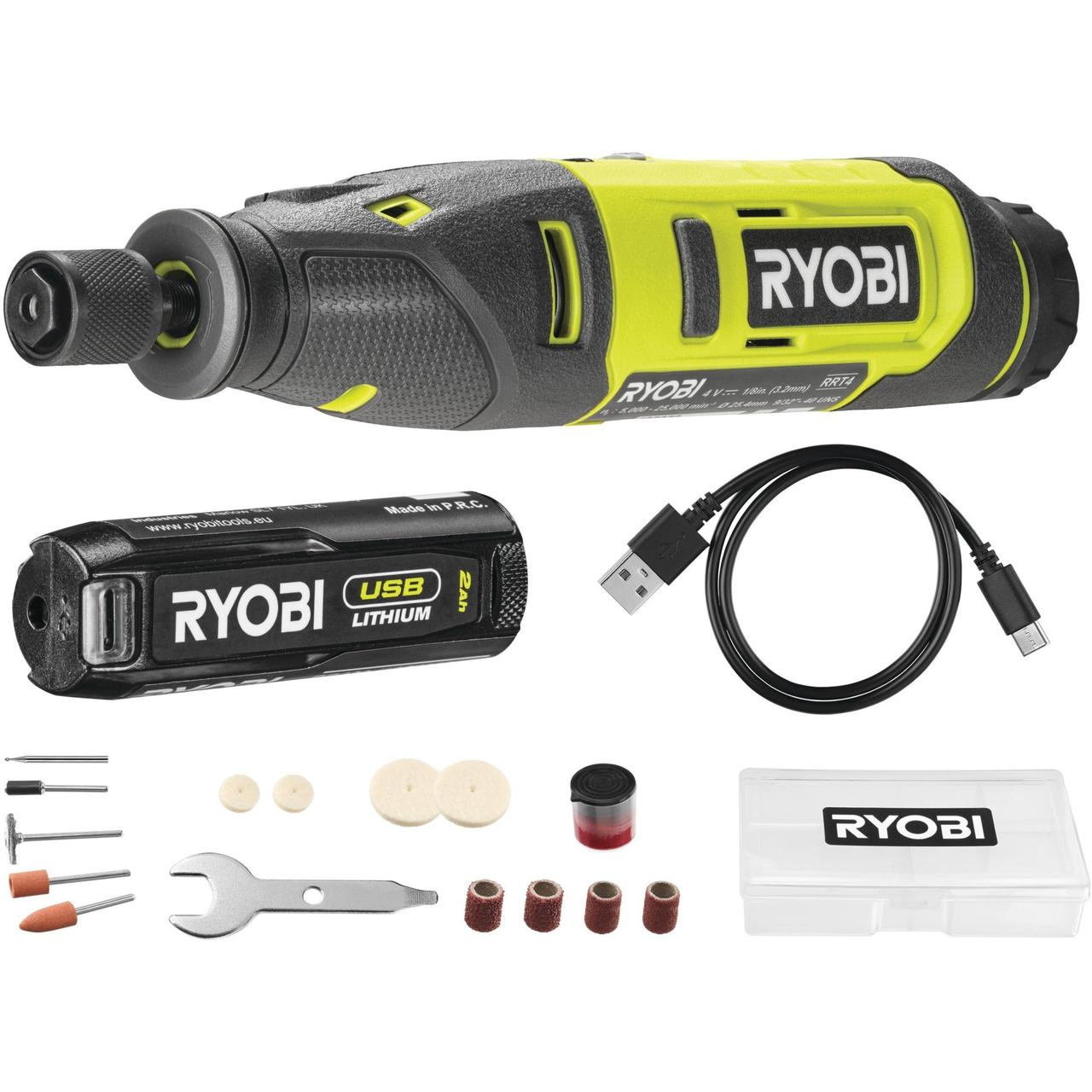 Ryobi Шліфмашина пряма RRT4-120GA15, 4В USBLIthium, АКБ 1х2А•год, набір аксусуарів