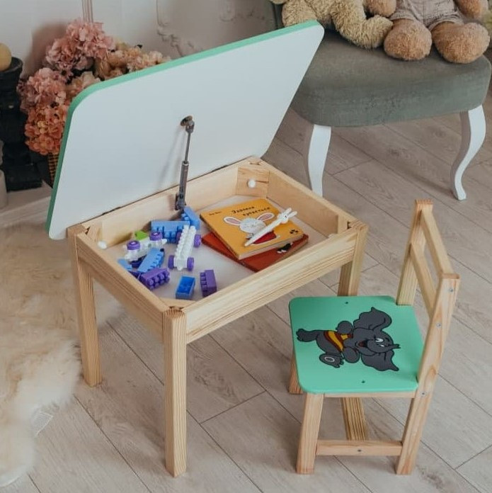 Столик із шухлядою і стілець зелений слоник Для гри, навчання, малювання.