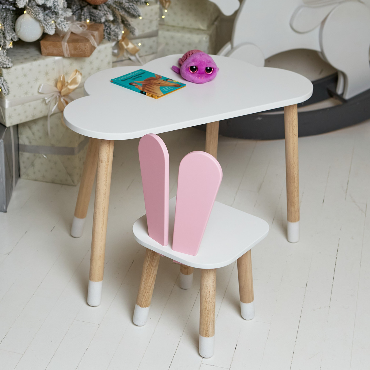 Дитячий  білий стіл хмарка і стільчик зайчик рожевий. Білий столик дитячий