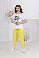 Летний легкий брючный костюм женский оверсайз брюки и футболка с коротким рукавом софт батал VS 56/58, Желтый