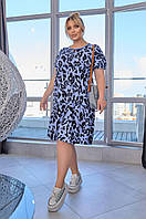 Женское легкое летнее базовое повседневное платье свободного кроя мини софт принт больших размеров батал VS 58/60, Голубой лео