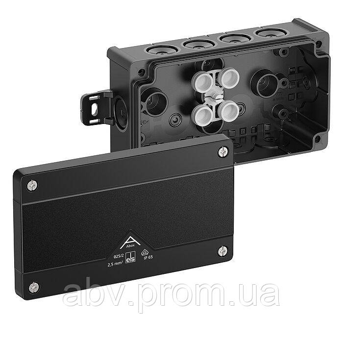 Abox 025/2 AB-L/sw розподільна коробка з "вушками" IP66 поліпропілен 152*87*52мм M20/10 чорна, фото 1
