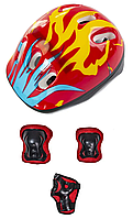 Защитный комплект (защита на колени, локти, ладони + шлем), рисунок "Красный огонь"