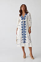 Вышитое белое платье с синей вышивкой на талии завязка рукава длинные размер S, M, L