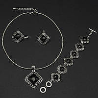 Набор кулон серьги браслет металл серебристого цвета чёрный агат серьги 2.5х2.5 см браслет 18 см цепь 55 см