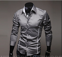 Мужская рубашка длинный рукав приталенная XL-3XL серая с декоративными швами код 6