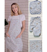 Женский кухонный набор "Серая Ромашка" 4в1, фартук прихватки перчатка полотенце для кухни, подарок для жены