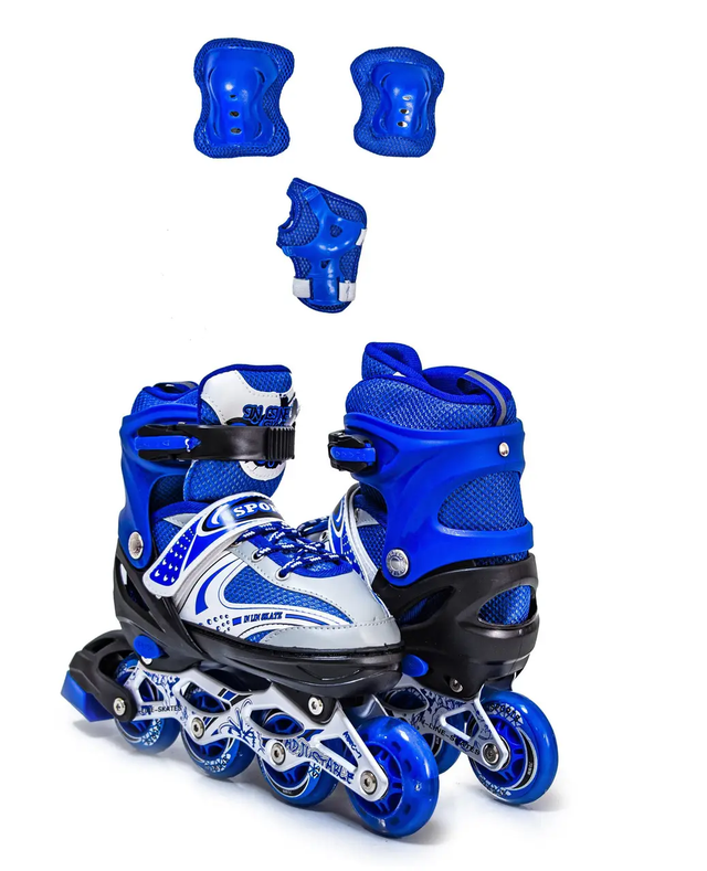 Ролики + наколенники + налокотники + защита на ладони Happy Синие, размеры 29-33 / 34-38 / 38-41