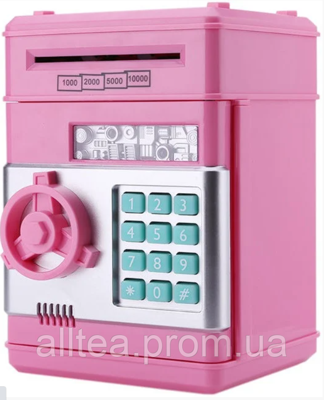 Копилка сейф, детский банкомат с кодовым замком NUMBER BANK Розовый at - фото 1 - id-p2183060012