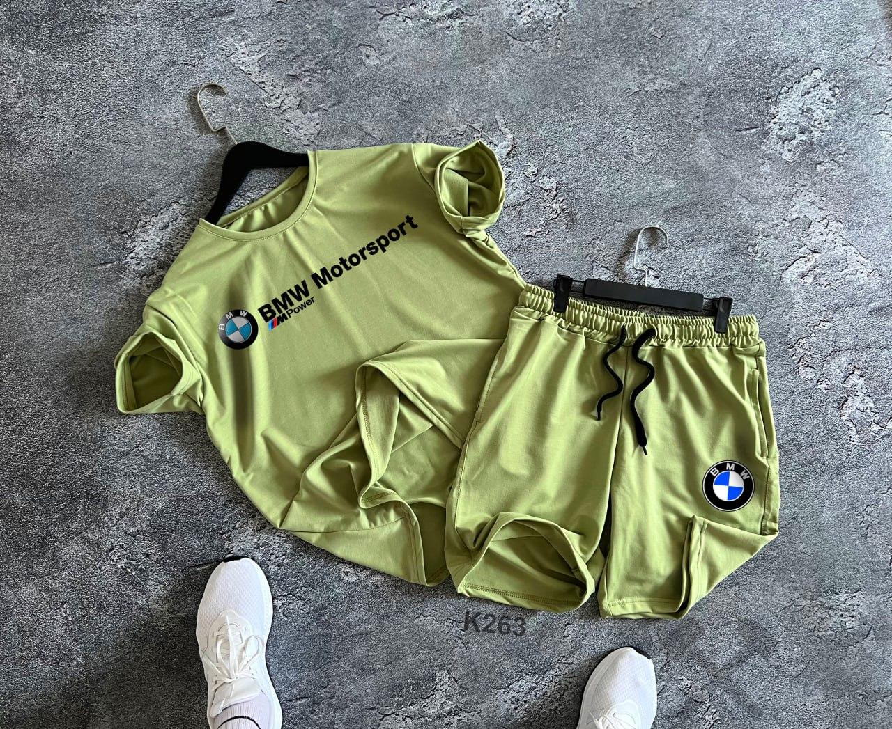 Чоловічий літній костюм Футболка + Шорти BMW Motorsport оливковий БМВ, фото 1