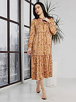 Сукня жіноча міді штапельна бавовняна, з довгим рукавом, оверсайз, квіткова, Бежевий, S