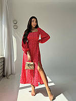 Жіноче стильне плаття міді з розрізом і квітковим принтом: софт принт Мод.195