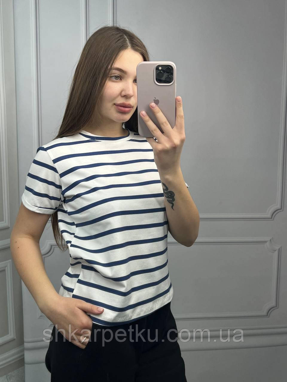 Футболка жіноча базова класична на літо, бавовна, біла в синю полоску, фото 1