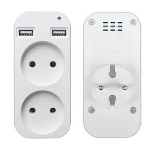 Подвійна розетка з двома USB портами для заряджання, перехідник з розетками, фото 1