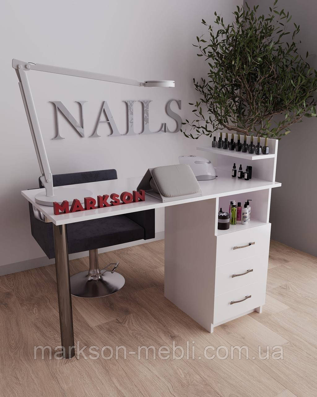 Манікюрний стіл на одну тумбу з ящиками, білий М140