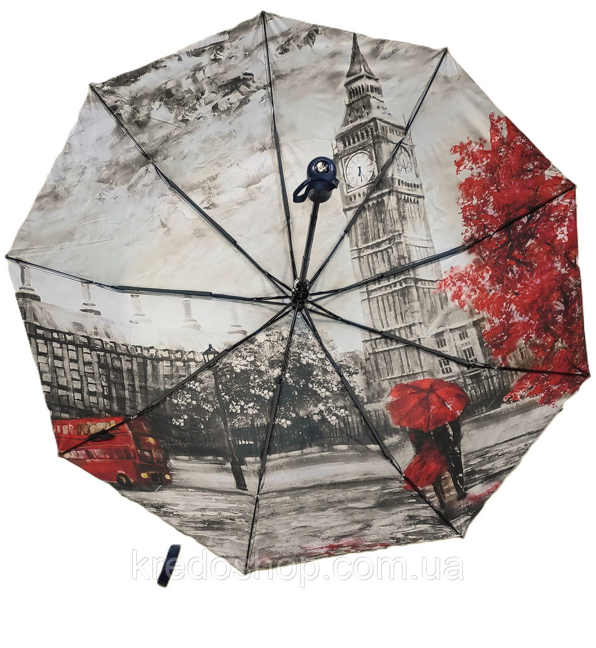 Зонт женский синий 9 спиц "анти ветер" рисунок Город
