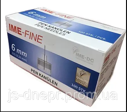 Голки IME-FINE універсальні для шприц-ручок, довжиною 6 мм, упаковка 100 штук.