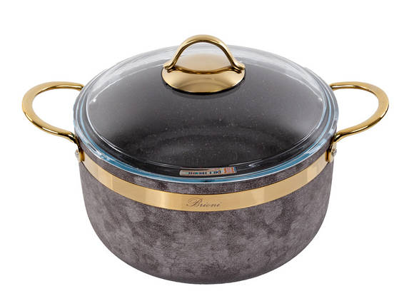 Каструля антипригарна зі скляною кришкою Brioni Royal Stone gold 24 см 5 л 3.5 мм завтовшки 1764-040 VE, фото 1