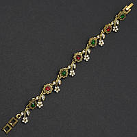 Браслет женский винтажный золотистого цвета с красными и изумрудными кристаллами ширина 10 мм длина 19 см