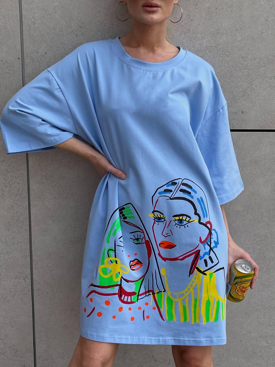 Блакитна молодіжна жіноча сукня-футболка вільного крою з куліра з якісним накатом, фото 1