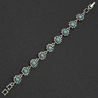 Браслет женский винтажный серебристого цвета с бирюзовыми бусинами и кристаллами ширина 13 мм длина 19 см