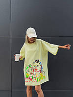 Лимонное молодежное женское платье-футболка свободного кроя из кулира с качественным накатом