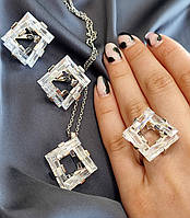Комплект кулон с цепочкой, серьги и кольцо, натуральный горный хрусталь, кольцо размер 18-19. премиум класса.