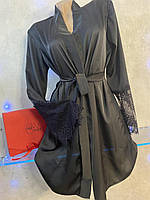 Шелковый халат женский с кружевными рукавами XS-6XL.Соблазнительный халат женский S