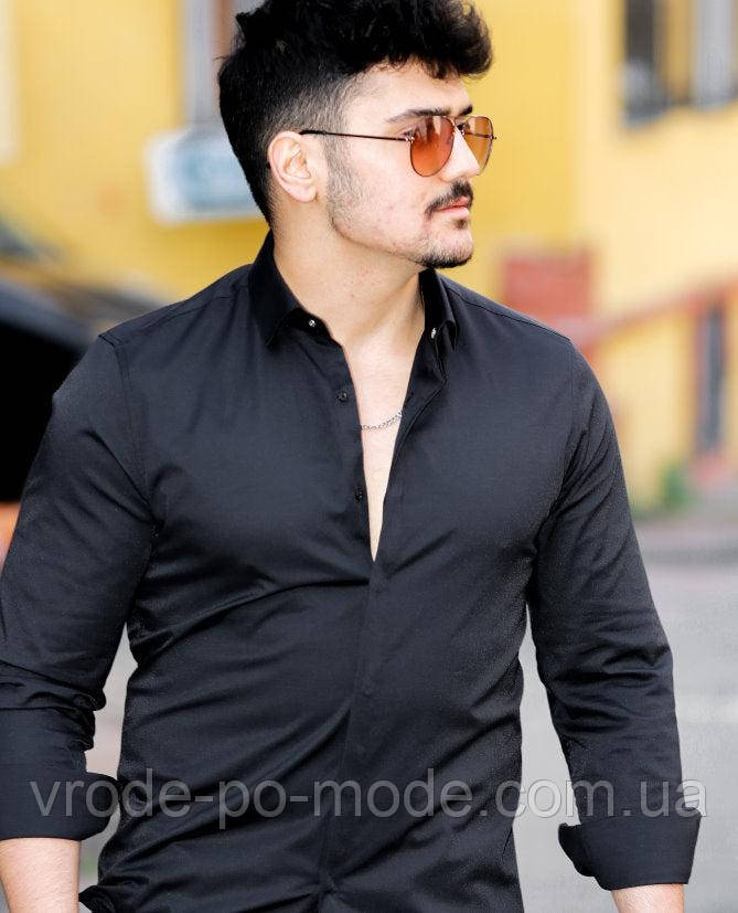 Чорна сорочка чоловіча, стильна ошатна з довгим рукавом, під джинси, виробництво Туреччина, великий асортимент