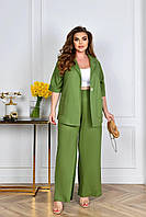 Льняный классический костюм (Пиджак и брюки) ОЛИВА от 50 - до 60
