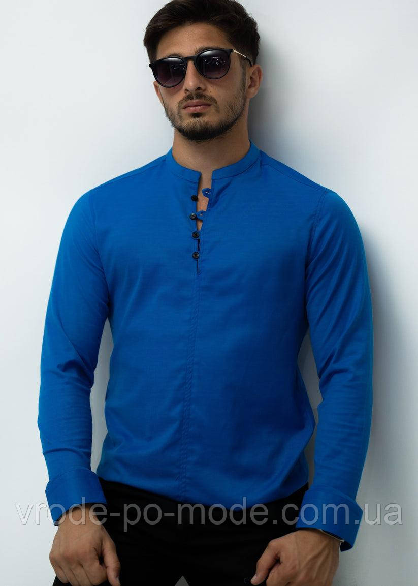 Стильна однотонна ошатна сорочка через голову синя с довгим рукавом Туреччина, великий асортимент, фото 1