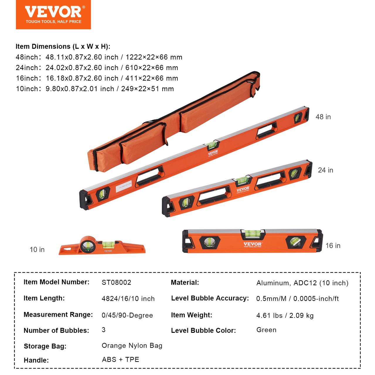 Рівень VEVOR алюмінієвий магнітний 1222/610/411/249мм 3 рівні під кутом 45 градусів, горизонтальний і - фото 6 - id-p2183225312