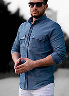 Джинсова синя чоловіча сорочка з довгим рукавом та кишенями, джинс, фабрична Туреччина, новинка 2025 року