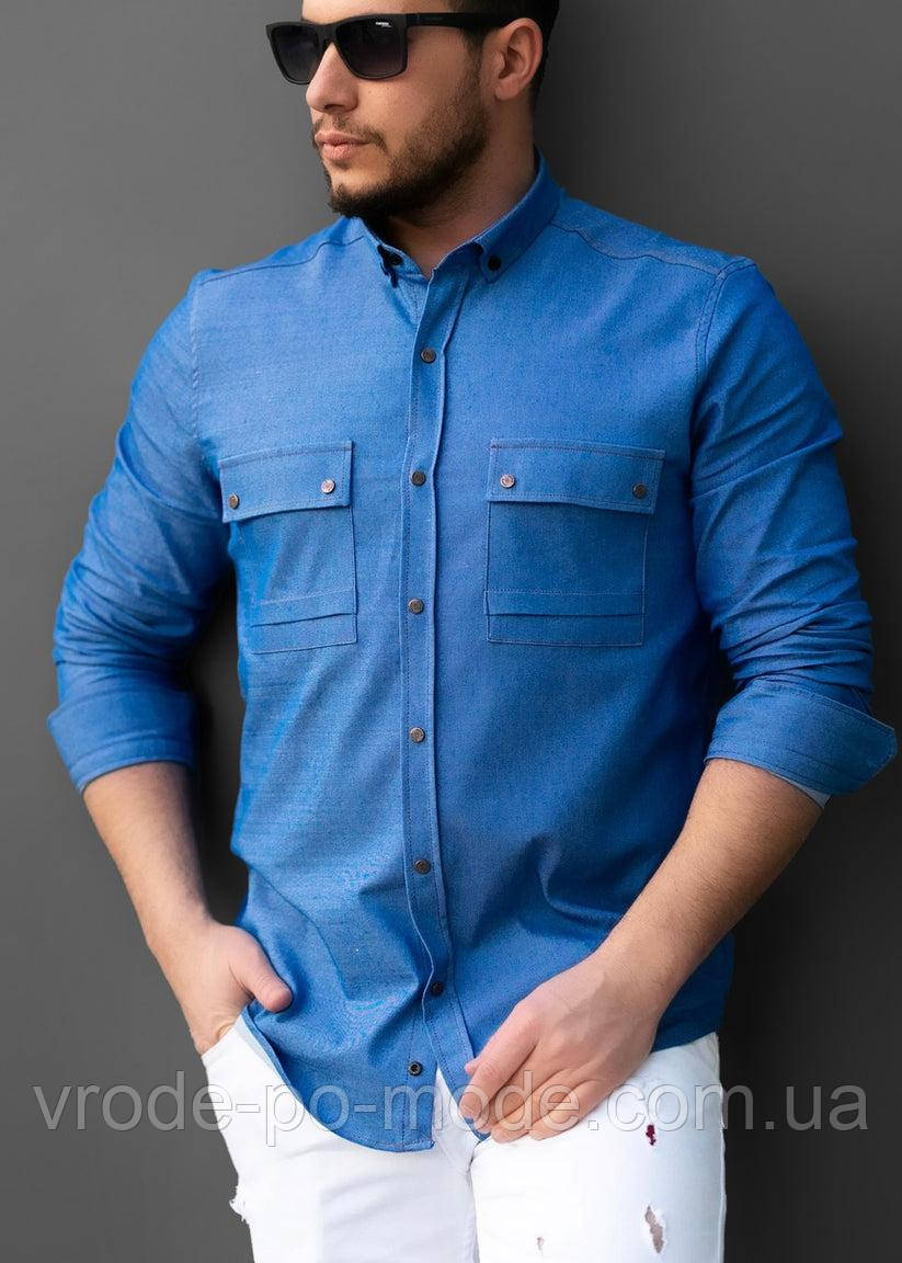 Джинсова блакитна чоловіча сорочка з довгим рукавом і кишенями, бавовняна гарної якості, фабрична Туреччина
