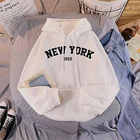 Классный худи «New York» карман кенгуру+капюшон белый