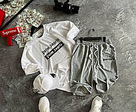 Мужской летний комплект Palm Angels Шорты + Футболка Спортивный костюм оверсайз Палм Ангелс серо-белый