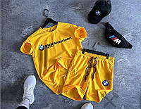 Костюм мужской летний Футболка + Шорты + Кепка + Сумка BMW Motorsport Спортивный комплект бмв желтый