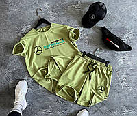 Комплект мужской летний Mercedes Amg Шорты Футболка Бананка Кепка спортивный костюм Мерседес оливковый