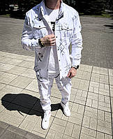 Принтованый белый котоновый мужской костюм. Рубашка+штаны 52-020