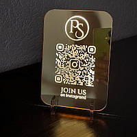 Инставизитка с подсветкой 105х150 мм Золотой зеркальный акрил, табличка с QR-кодом А6, ACRY