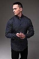 Мужская темно-синяя рубашка в горошек с длинным рукавом воротник стойка