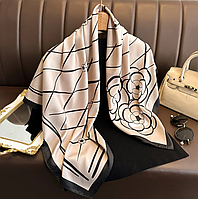 Женский платок бежевый, платок на голову коричневый, легкий шарф, дизайнерский платок, брендовый платок 90см