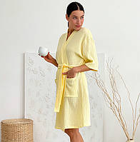 Женский муслиновый летний халат кимоно удлиненный хлопок желтый