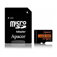 Карта памяти Apacer AP64GMCSX10U8-R 64GB microSDXC Black UHS-I U3 V30 A2 + SD-adapter