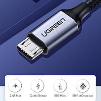 Дата-кабель Ugreen US290 USB 2.0 (тато)  -  MicroUSB (тато), 0.5m Black (60145)